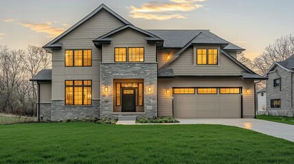 Obraz premium A suburban home in soft beige with gray stone accents, glowing windows, and a modern garage entrance