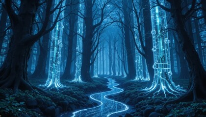 Obraz premium Enchanted Glowing Forest: A Digital Stream Through Mystical Trees