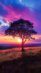 Fototapeta premium Silhouette of a majestic tree at sunset with vibrant skies in the background.