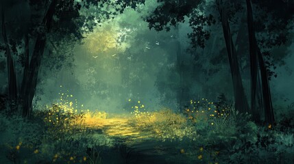 Fototapeta premium Sunlit Path Through A Mystical Forest Of Green And Yellow