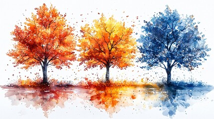 Three trees reflecting in water, showcasing autumn colors and a blue winter tree.