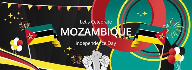 Mozambique Independence Day modern greeting banner. 25th June Happy National Day. Holidays abstract concept in flag colors. Great for event like carnival, feast poster, support, culture and tourism