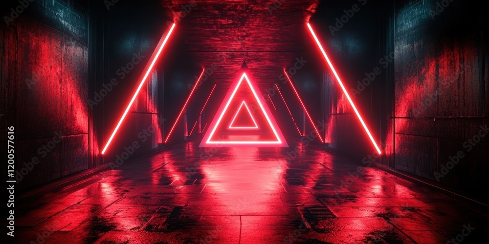Poster futuristic neon tunnel corridor with vibrant red lights and glowing triangle in cyberpunk style 3d r