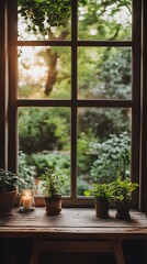 Fototapeta premium Serene indoor garden view with lush greenery and a glowing candle.