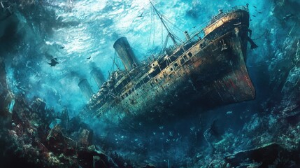 Vintage old ocean liner rusty shipwreck underwater, Titanic wreck illustration
