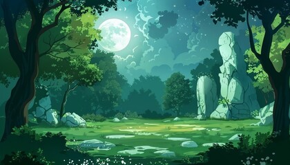 Obraz premium A night scene in a forest with a full moon shining bright in the sky above a clearing with rocks, trees and lush foliage.