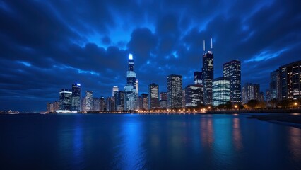 Fototapeta premium Bask in the vibrant reflection of Chicago's skyline on Lake Michigan’s shimmering waters, illuminated by a cascade of azure lights from towering skyscrapers under a starlit sky