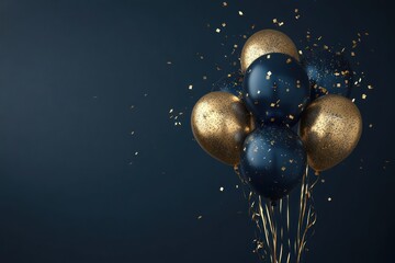 Fototapeta premium Dark blue & gold balloons floating, confetti falling, dark background, celebration.