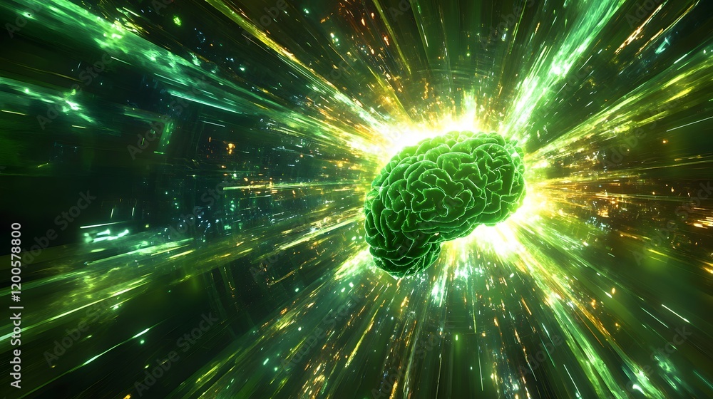 Poster green brain exploding with bright light rays