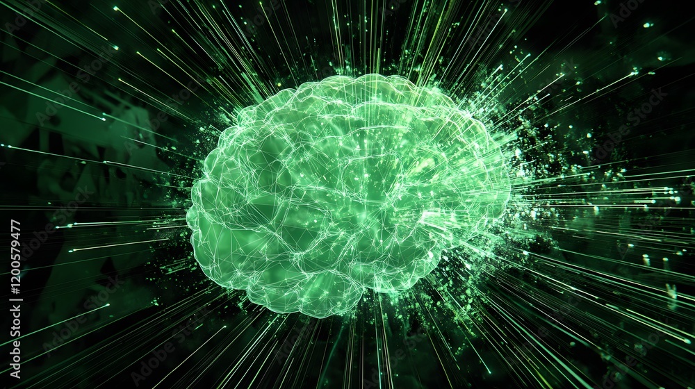 Poster green digital brain exploding with energy