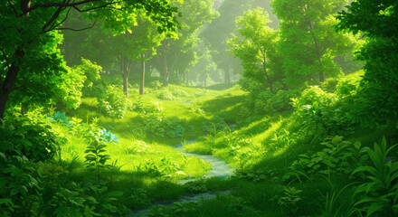 Fototapeta premium Lush Green Forest Stream Sunny Day Nature Scene