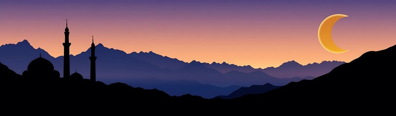 Obraz premium Serene Sunset Landscape with Crescent Moon and Mosque Silhouettes