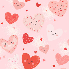 A Cute Seamless Pattern of Smiling Hand-Drawn Hearts