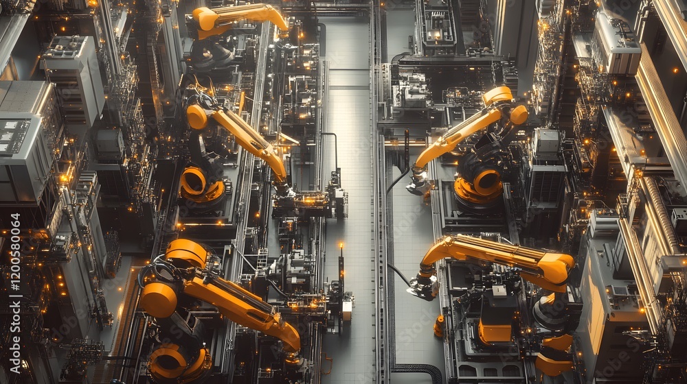 Poster futuristic robotic factory assembly line system