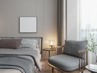 modern contemporary masculine bedroom with mockup poster framed on the wall. 3d rendering