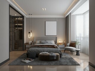 modern contemporary masculine bedroom with mockup poster framed on the wall. 3d rendering