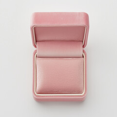 top view of an open empty pink velvet ring box, on a white background