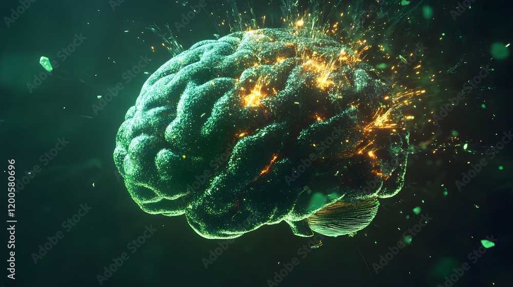 Poster glowing brain exploding with energy sparks