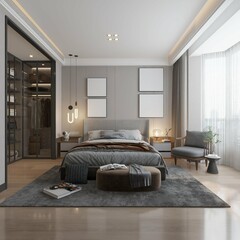 modern contemporary masculine bedroom with mockup poster framed on the wall. 3d rendering