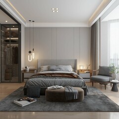 modern contemporary masculine bedroom with mockup poster framed on the wall. 3d rendering