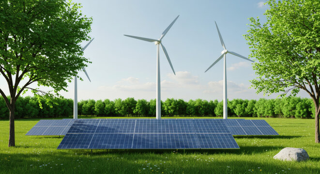 Green Energy Solar Panels Wind Turbines in Meadow