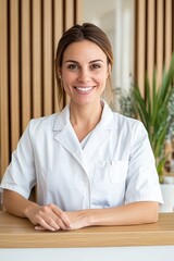 Friendly female receptionist in a white coat at a spa or clinic, smiling warmly at the camera.