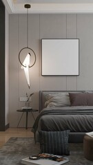 modern contemporary masculine bedroom with mockup poster framed on the wall. 3d rendering