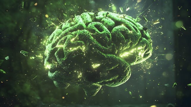 Exploding Green Brain Glowing Energy Fragments
