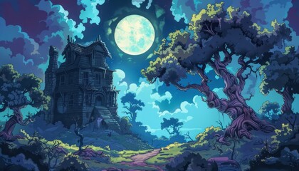 Obraz premium A spooky, abandoned house stands on a hill under a full moon, surrounded by trees and a path leading to it.