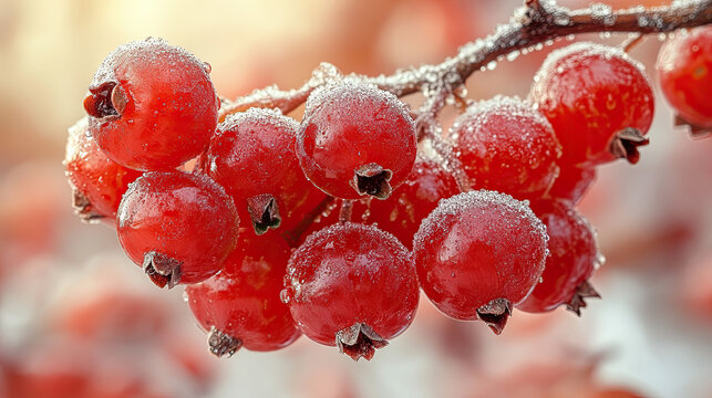 Frosted red berries on branch, winter scene, blurred background, food photography