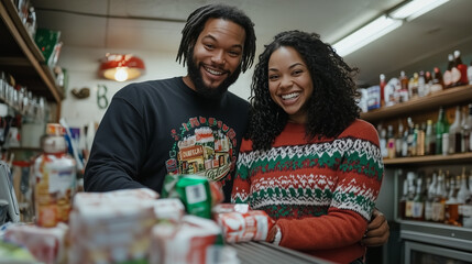 Obraz premium Happy Couple Shopping in Christmas Sweaters