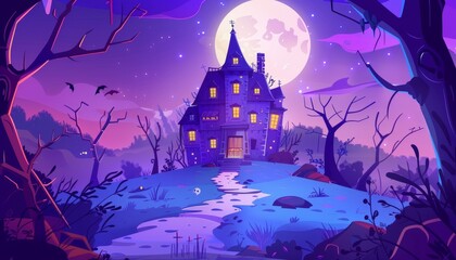 Fototapeta premium A spooky haunted house with a path leading up to its entrance, under a full moon on a dark and mysterious night.