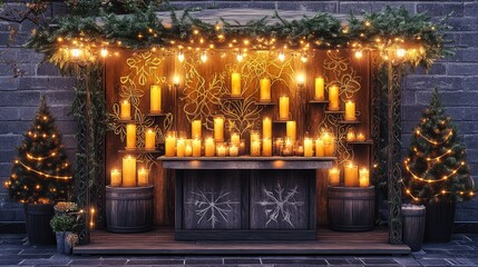 Cozy Candlelit Outdoor Holiday Display with Festive Lights and Pine Decor