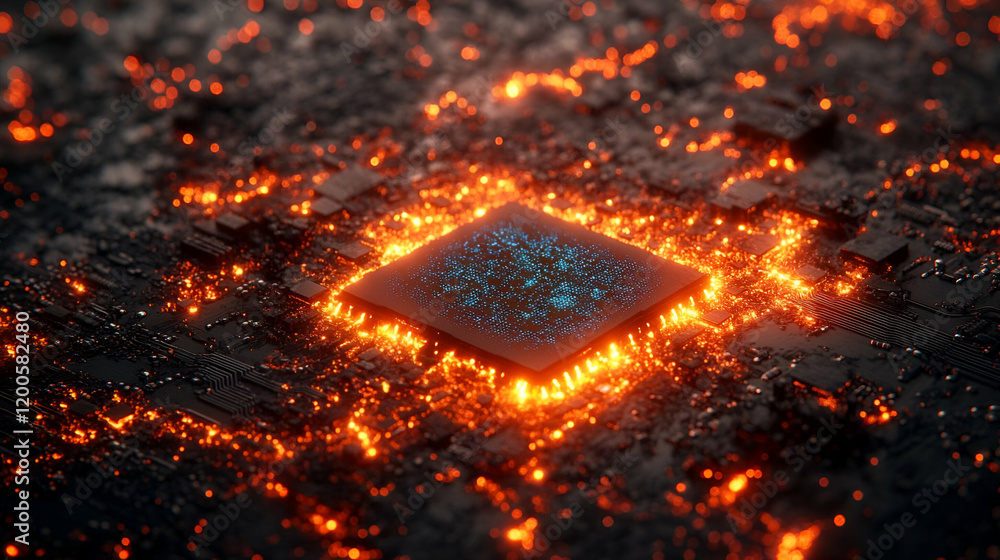 Poster flaming cpu overload; circuit board; data center