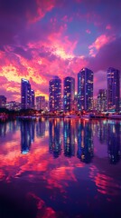 Fototapeta premium Vibrant sunset over a skyline reflecting on calm waters.