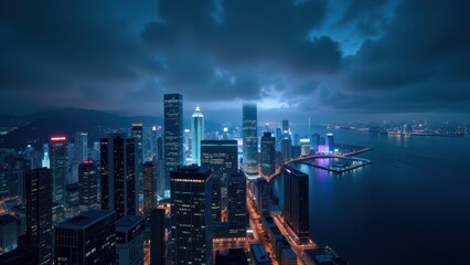 Obraz premium Nighttime city skyline silhouette against a vast, dark blue sea under heavy gray clouds, casting an enigmatic glow over urban spires. 