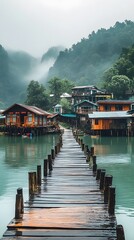 Naklejka premium Enchanting wooden houses on stilts by the serene water near misty mountains.