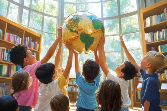 Children and Teacher Holding Globe in a Bright Library