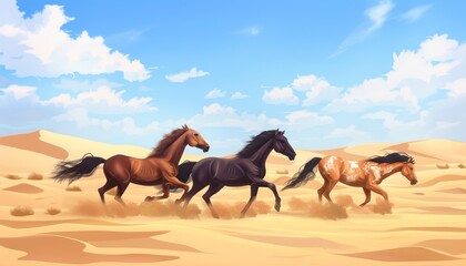 Fototapeta premium Three horses running in a desert landscape under a blue sky with white clouds.