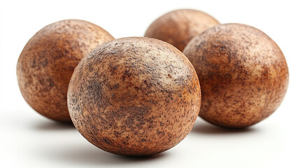 Four brown spheres on white background; food, dessert, chocolate