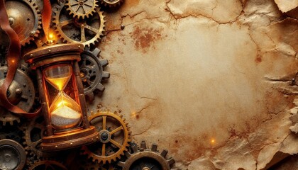 Vintage hourglass and steampunk cogs on aged paper. Concept of time, history, and mechanics.