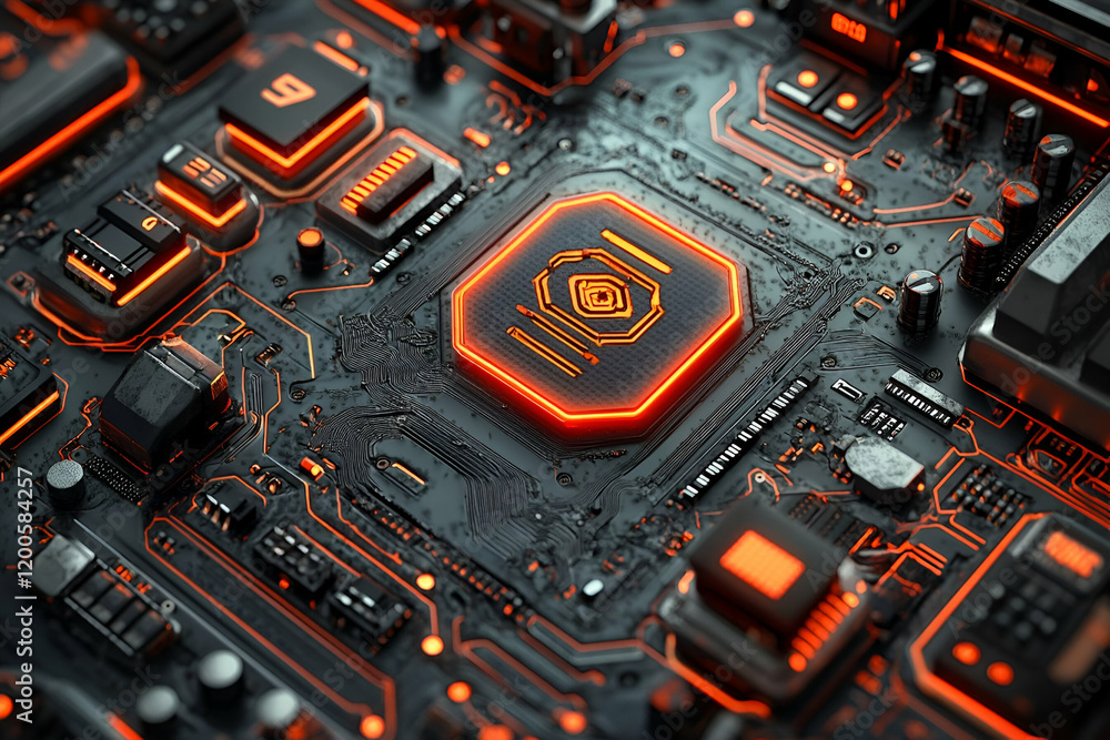 Poster secure processor chip glows on circuit board