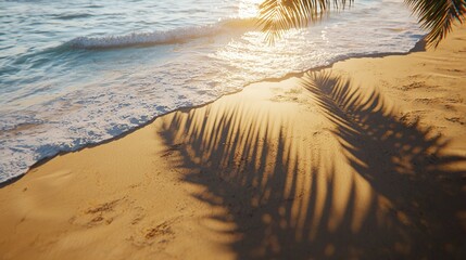 Serene sunset beach scene with palm frond shadow on sand.