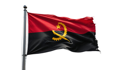 Naklejka premium The flag of Angola waving in the wind, displaying the coat of arms, a symbol of national pride.