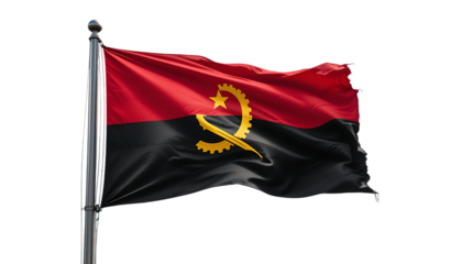 The flag of Angola waving in the wind, displaying the coat of arms, a symbol of national pride.