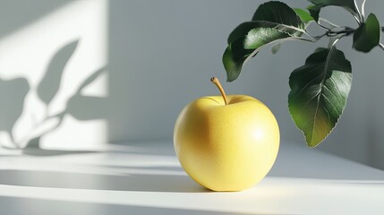Yellow apple, branch, sunlight, white background, healthy food