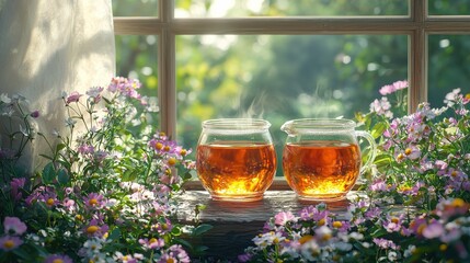 Soothing tea experience cozy window high-resolution imagery floral environment peaceful viewpoint