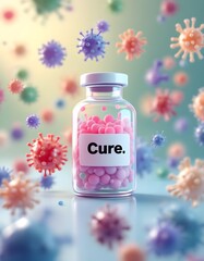 Hopeful Cure: Pastel Virus and Medicine Bottle Illustration