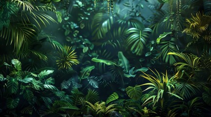 Fototapeta premium Lush, green tropical foliage with dappled sunlight filtering through the leaves.