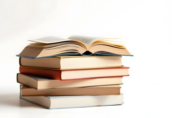 stack of books with an open book on top.
